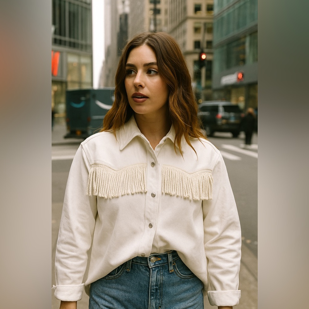 MO & Co || Oversized White Denim Fringed Jacket